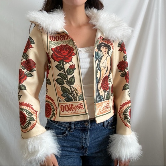 Vintage Jackets & Blazers - Fur trim collar penny lane eclectic boho jacket coat printed Spanish floral rose